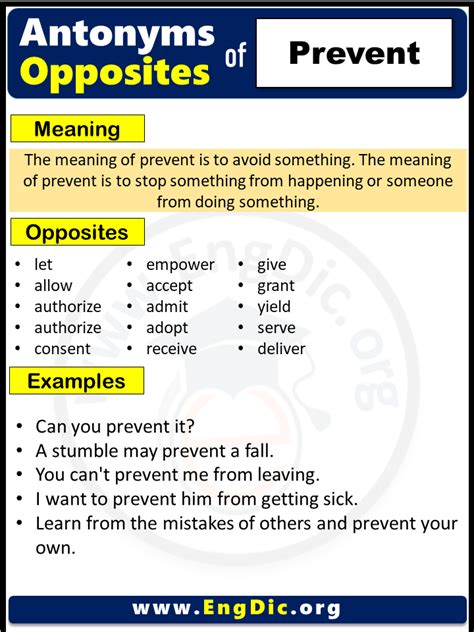 Antonyms for Prevent. prevent. 4.3K Synonyms. 793 Antonyms. 12 Broader. 62 Narrower. 919 Related. 1 2 … 5 > show. d. Need more antonyms? | Share & Cite. …